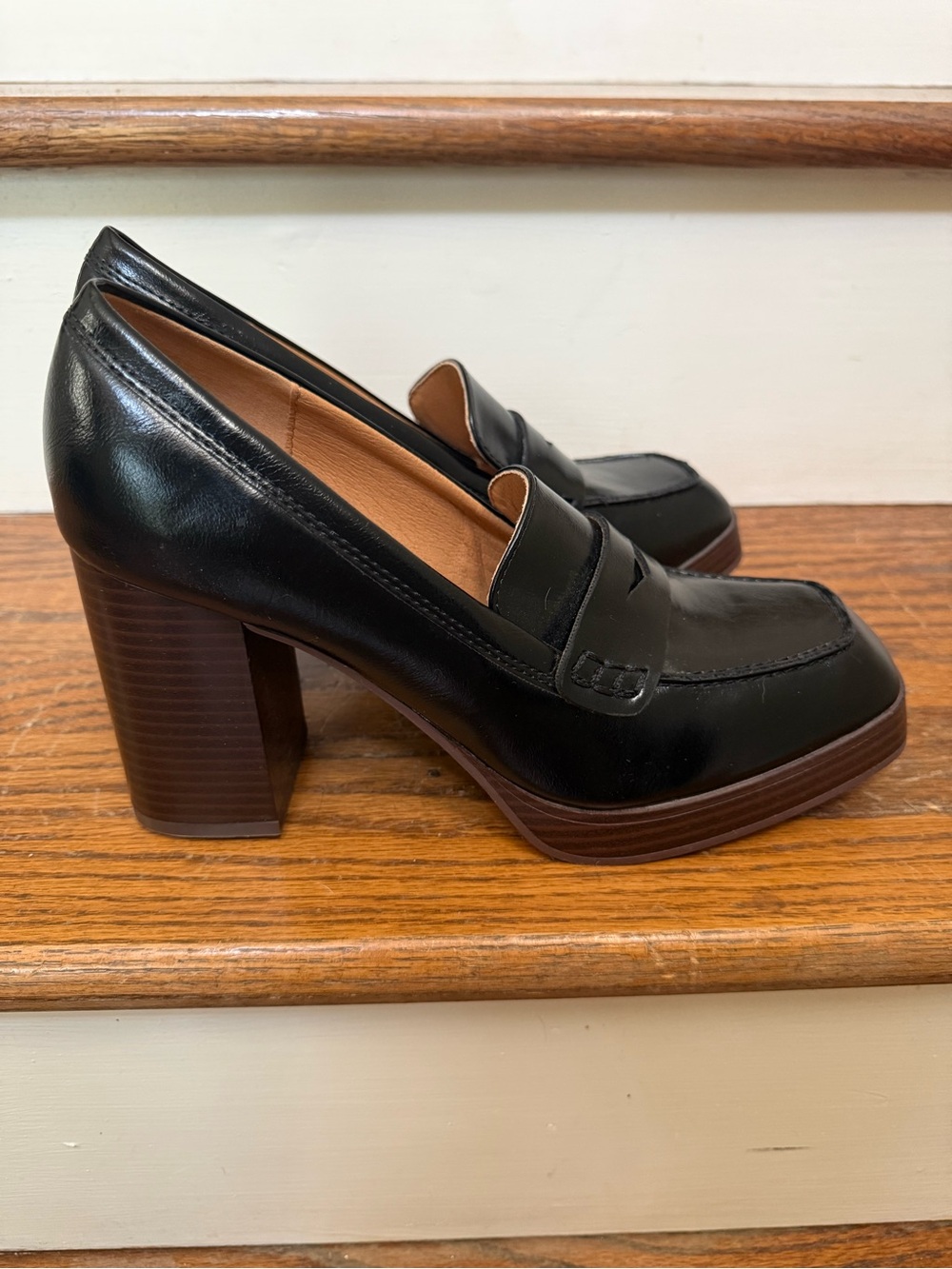 Nine West Black Leather Block Heel Penny Loafer Mary Jane Pumps Sz 8 Platform - Picture 9 of 13